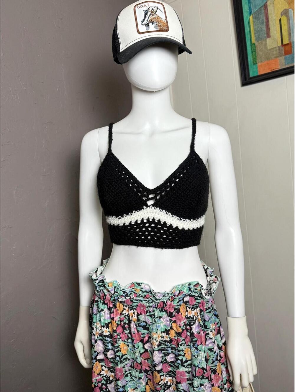 Vintage Crocheted Halter Top Black and White Laced Back One Size Adjustable
